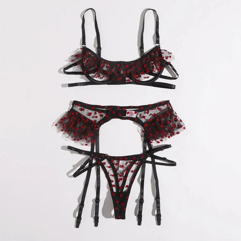 3tk Südameroosa naiste seksikas rinnahoidja pükste komplekt koos ripskoes pitsiga lahtise rinnahoidja stringid, eksootilised läbipaistvad läbipaistvad pesukomplektid