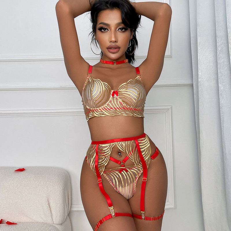 JSY Set sutien și chiloți sexy Lenjerie din dantelă cu broderie aurie Set de lenjerie intima dama Set sutien și slip erotic Costume intime