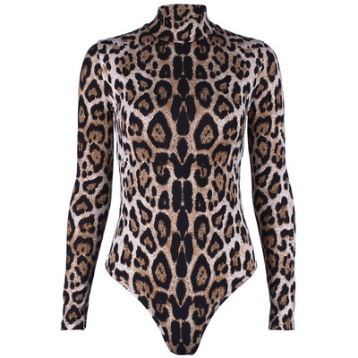 Σέξι κορμάκια Leopard Impresso Bodycon 2021 Mulheres Primavera Manga Longa Pescoço Mock Justas Body Suit Σορτς Macacões