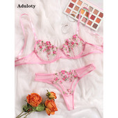 Aduloty Lenjerie sexy pentru femei Set sutien cu sârmă, vară, noua perspectivă din plasă, broderie din dantelă cu flori, Lenjerie erotică