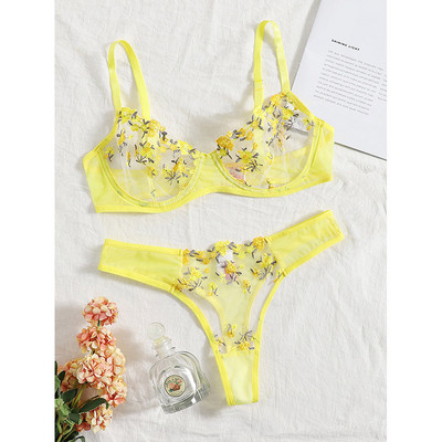Aduloty Lenjerie sexy pentru femei Set sutien cu sârmă, vară, noua perspectivă din plasă, broderie din dantelă cu flori, Lenjerie erotică