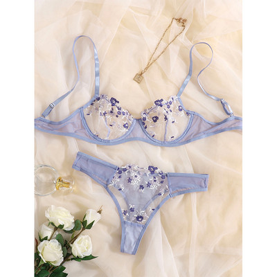 Aduloty Lenjerie sexy pentru femei Set sutien cu sârmă, vară, noua perspectivă din plasă, broderie din dantelă cu flori, Lenjerie erotică