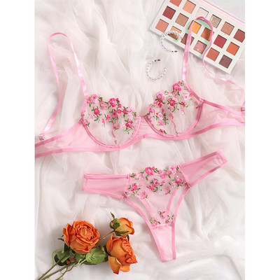 Aduloty Lenjerie sexy pentru femei Set sutien cu sârmă, vară, noua perspectivă din plasă, broderie din dantelă cu flori, Lenjerie erotică