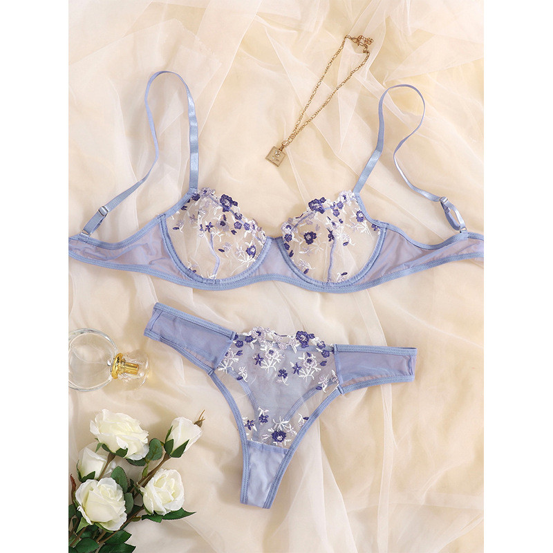 Aduloty Lenjerie sexy pentru femei Set sutien cu sârmă, vară, noua perspectivă din plasă, broderie din dantelă cu flori, Lenjerie erotică