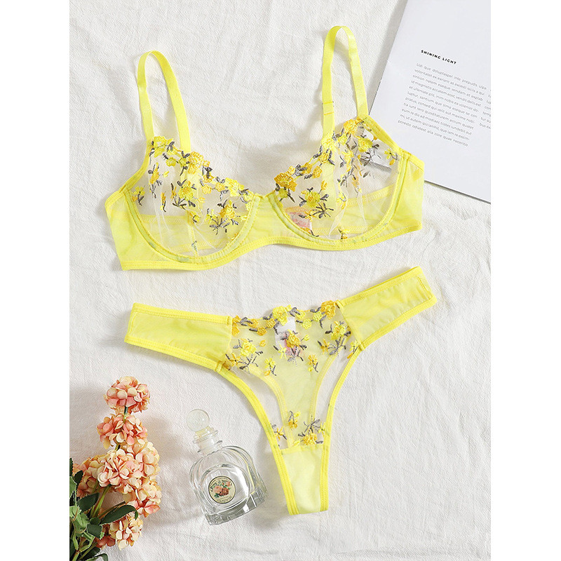 Aduloty Lenjerie sexy pentru femei Set sutien cu sârmă, vară, noua perspectivă din plasă, broderie din dantelă cu flori, Lenjerie erotică