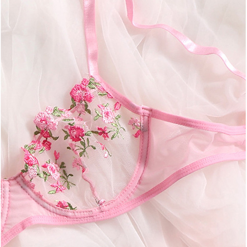 Aduloty Lenjerie sexy pentru femei Set sutien cu sârmă, vară, noua perspectivă din plasă, broderie din dantelă cu flori, Lenjerie erotică
