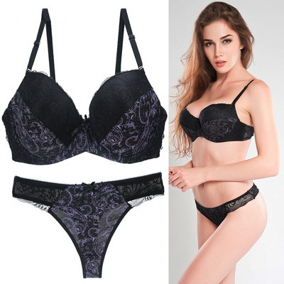 Set de lenjerie intima sutien sexy de 2 piese Lenjerie pentru femei Push Up Ultra-subțire Cupă DD E ajustată cu sârmă Sutiene de dantelă de dimensiuni mari Sutiene chiloți costum