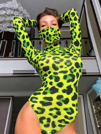 Дамско боди с дълъг ръкав с леопардова кожа Prinetd Секси неоново зелено улично облекло Гащеризон Тесни леопардови топове Модни гащеризони