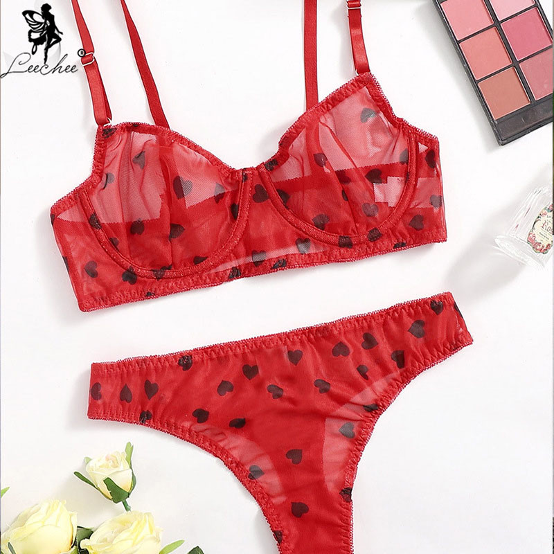 Leechee New Srrival Lenjerie erotică Love Printing Lenjerie de corp pentru femei, 7 culori, perspectivă, set de sutien din două piese pentru femei