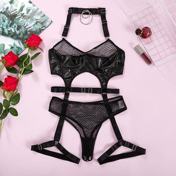 Ellolace Latex Lingerie Fishnet Patchwork See Through Underwear Сутиен с халтер Sissy Intimate Luxury Sexy Costume Bilizna Set