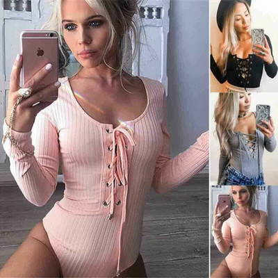 Femei, dama, sexy, cu mânecă lungă, cu decolteu în V, de culoare solidă, cu dantelă, body subțire și slab, tricotat, stretch, tricou de bază