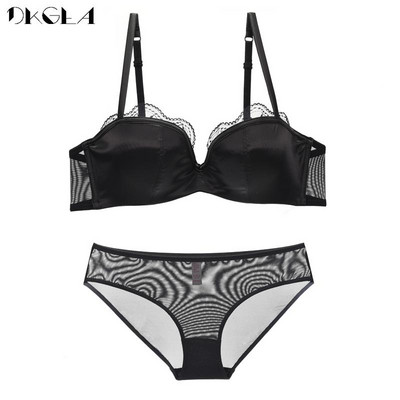 Sutien din satin de culoare solidă Push Up Confortabil Set de sutien 1/2 Cupă Set de lenjerie intimă din bumbac subțire de marca sexy pentru femei, dantela neagră