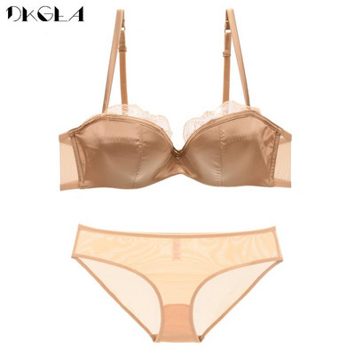 Sutien din satin de culoare solidă Push Up Confortabil Set de sutien 1/2 Cupă Set de lenjerie intimă din bumbac subțire de marca sexy pentru femei, dantela neagră