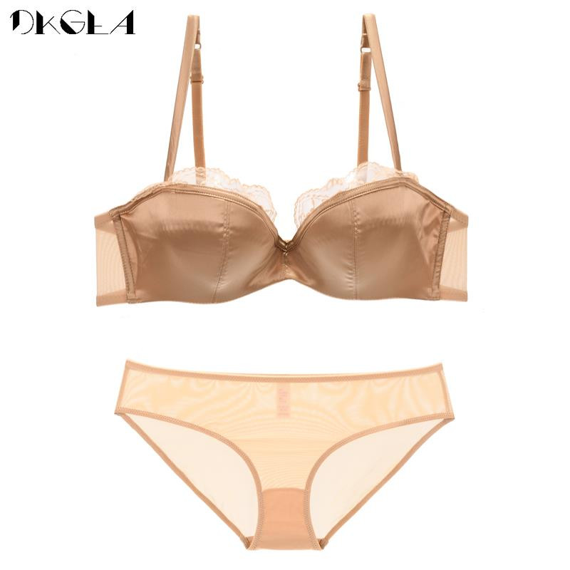 Sutien din satin de culoare solidă Push Up Confortabil Set de sutien 1/2 Cupă Set de lenjerie intimă din bumbac subțire de marca sexy pentru femei, dantela neagră