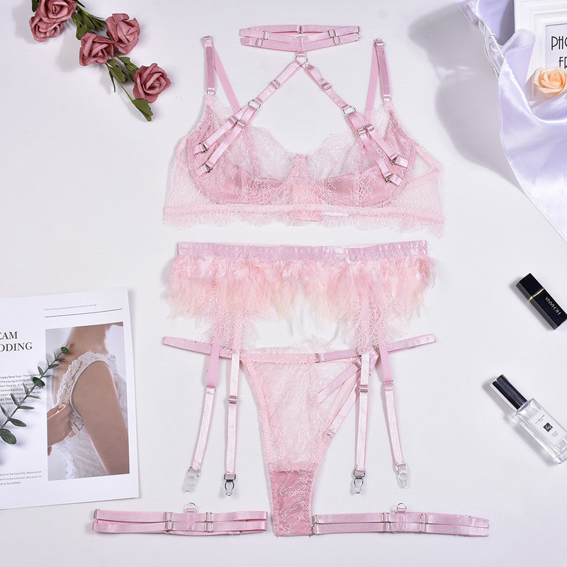 Ellolace Feather Lenjerie Dantela de lux Lenjerie intima porno sexy 4 piese Femei Body Halter Sutien transparent Push Up Fine Bilizna Set