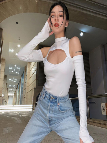 Γυναικείο σέξι κορμάκι μονόχρωμο μονόχρωμο μισό ψηλό γιακά με μακριά μανίκια έξω από τους ώμους φόρμα E girl Streetwear