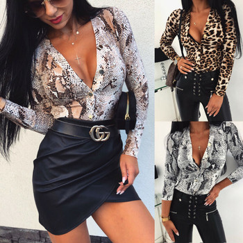 Дамска секси леопардова шарка на змийска кожа, шифонена блуза с дълги ръкави и копчета надолу, гащеризон, риза, горнища