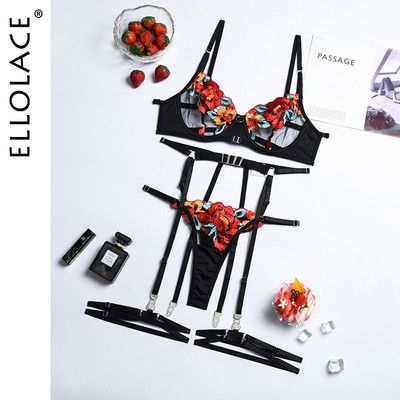 Ellolace donje rublje Seksi prozirni čipkani erotski komplet grudnjaka Push Up donje rublje s cvjetnim vezom Bilizna Set Vruće prozirno intimno