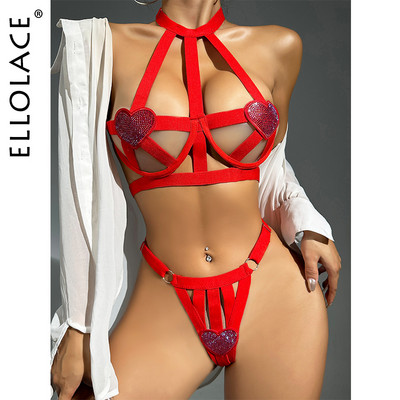 Ellolace Love Red Lenjerie Fancy Lenjerie de corp Necenzurat Sexy Set Femei 2 Piese Halter Dezbrăcat Sutiene Push Up Cupă Deschisă Tanga Ținute