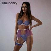 Set de sutien din dantelă Yimunancy, 3 bucăți, set de lenjerie sexy de culoare contrastantă pentru femei