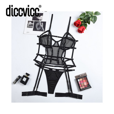 Diccvicc Erotsko donje rublje Crno prozirno mrežasto izrezano grudnjak Bandage bodi Žensko seksi čipkano donje rublje Ženska odjeća Egzotični set