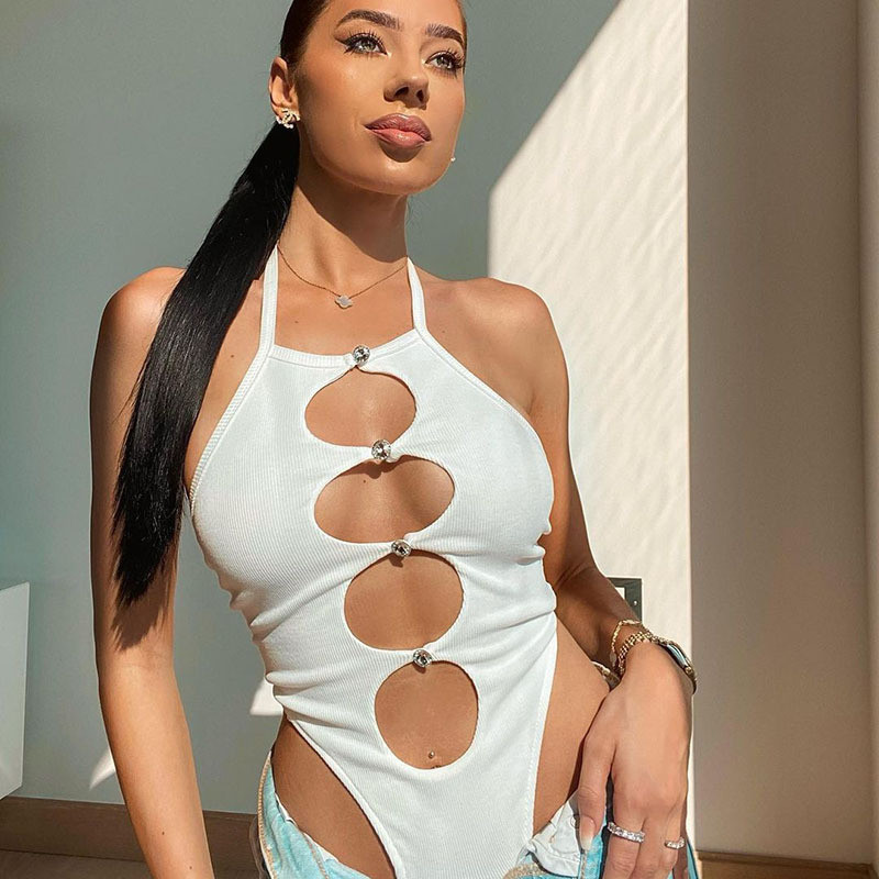 Γυναικείες σέξι κορμάκια με γραβάτα, αμάνικα κοψί και κούφια, μονόχρωμα μονόχρωμα, κοκαλιάρικο κορμάκια γυναικεία μπλουζάκια