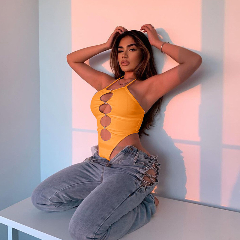 Γυναικείες σέξι κορμάκια με γραβάτα, αμάνικα κοψί και κούφια, μονόχρωμα μονόχρωμα, κοκαλιάρικο κορμάκια γυναικεία μπλουζάκια