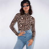 Γυναικεία Leopard μακρυμάνικο κορμάκι με ψηλό λαιμό Κομψό γυναικείο Stretch Party Leotard μόδα βραδινό bodycon streetwear