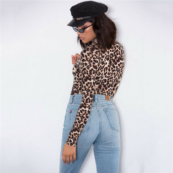 Γυναικεία Leopard μακρυμάνικο κορμάκι με ψηλό λαιμό Κομψό γυναικείο Stretch Party Leotard μόδα βραδινό bodycon streetwear