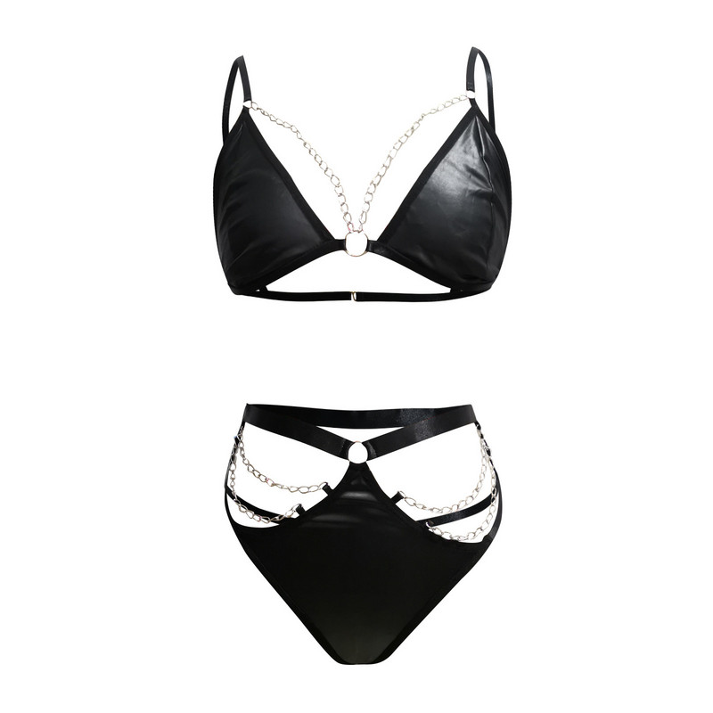 Σέξι γυναικεία εσώρουχα λάτεξ δύο τεμαχίων PU Δερμάτινο γυναικείο δαχτυλίδι από ατσάλι Push Up σουτιέν για γυναικεία σέξι εσώρουχα ψηλόμεση