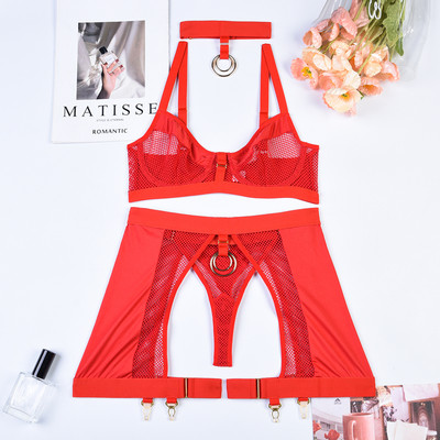 „Yimunancy“ 4 dalių „Choker“ tinklinio apatinio trikotažo komplektas, moteriškas 4 spalvų skaidrus erotinis rinkinys, grandinėlės keliaraiščių trumpas rinkinys