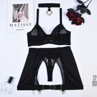 „Yimunancy“ 4 dalių „Choker“ tinklinio apatinio trikotažo komplektas, moteriškas 4 spalvų skaidrus erotinis rinkinys, grandinėlės keliaraiščių trumpas rinkinys