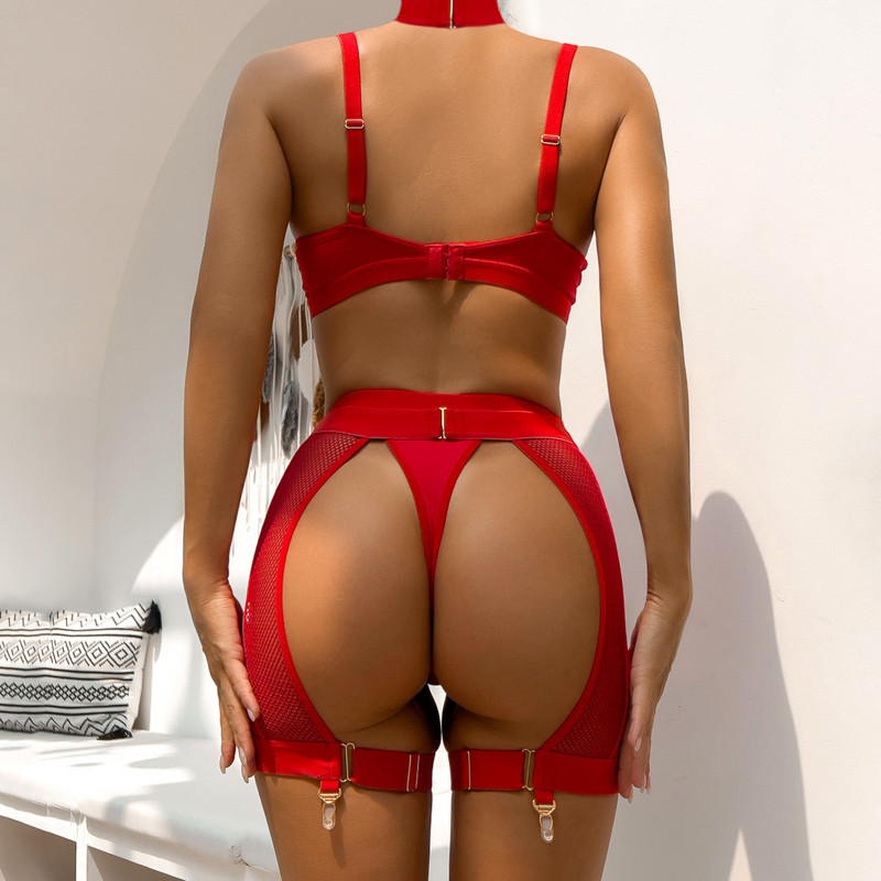 „Yimunancy“ 4 dalių „Choker“ tinklinio apatinio trikotažo komplektas, moteriškas 4 spalvų skaidrus erotinis rinkinys, grandinėlės keliaraiščių trumpas rinkinys