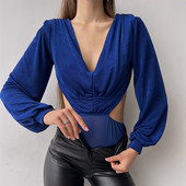 Body sexy cu mânecă lungă, în V adânc, pentru damă de birou, cu decuparea în talie, fără spate, cu cravată, maiouri, femei, cămăși elegante cu fundul