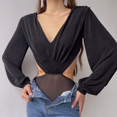 Body sexy cu mânecă lungă, în V adânc, pentru damă de birou, cu decuparea în talie, fără spate, cu cravată, maiouri, femei, cămăși elegante cu fundul