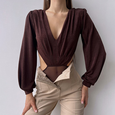 Body sexy cu mânecă lungă, în V adânc, pentru damă de birou, cu decuparea în talie, fără spate, cu cravată, maiouri, femei, cămăși elegante cu fundul