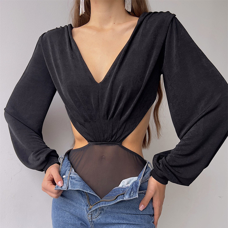 Body sexy cu mânecă lungă, în V adânc, pentru damă de birou, cu decuparea în talie, fără spate, cu cravată, maiouri, femei, cămăși elegante cu fundul