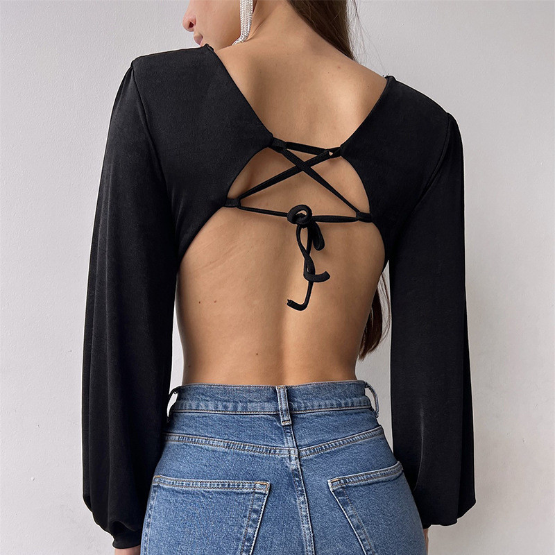 Body sexy cu mânecă lungă, în V adânc, pentru damă de birou, cu decuparea în talie, fără spate, cu cravată, maiouri, femei, cămăși elegante cu fundul