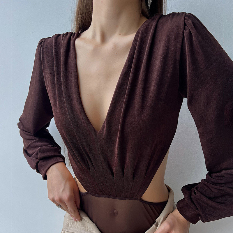 Body sexy cu mânecă lungă, în V adânc, pentru damă de birou, cu decuparea în talie, fără spate, cu cravată, maiouri, femei, cămăși elegante cu fundul