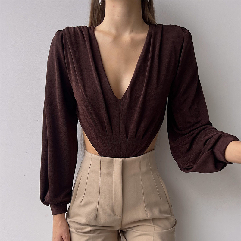 Body sexy cu mânecă lungă, în V adânc, pentru damă de birou, cu decuparea în talie, fără spate, cu cravată, maiouri, femei, cămăși elegante cu fundul