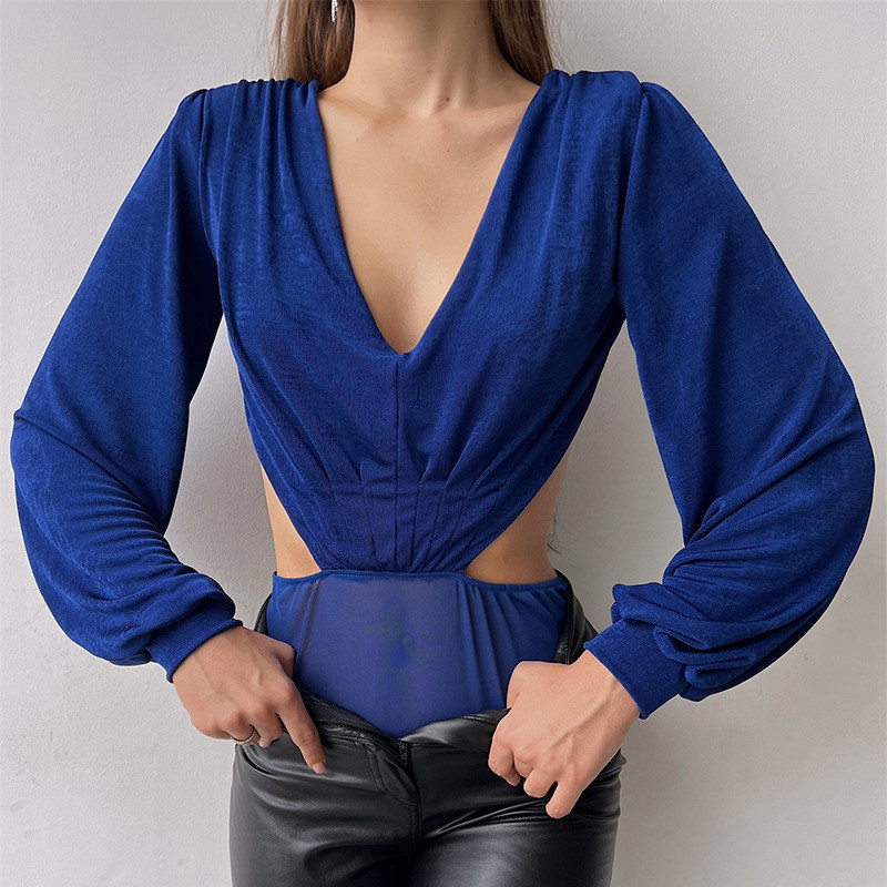 Body sexy cu mânecă lungă, în V adânc, pentru damă de birou, cu decuparea în talie, fără spate, cu cravată, maiouri, femei, cămăși elegante cu fundul