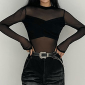 Naiste seksikad läbipaistvad võrkkostüümid, läbipaistev, pikkade varrukatega ja kaelaga kitsad trikootopid Sügiskevadel vabaaja tänavatopid