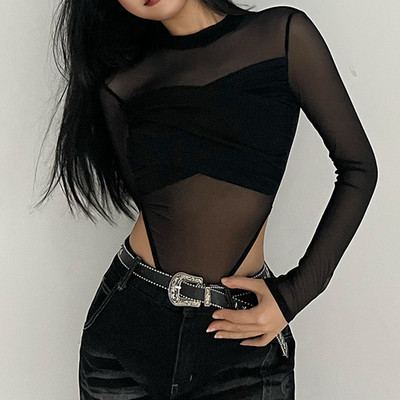 Naiste seksikad läbipaistvad võrkkostüümid, läbipaistev, pikkade varrukatega ja kaelaga kitsad trikootopid Sügiskevadel vabaaja tänavatopid