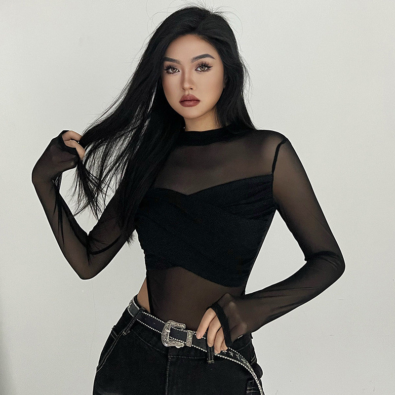 Naiste seksikad läbipaistvad võrkkostüümid, läbipaistev, pikkade varrukatega ja kaelaga kitsad trikootopid Sügiskevadel vabaaja tänavatopid