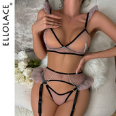 Εσώρουχα βολάν Ellolace Rhinestone Διάφανα εσώρουχα δαντέλα χωρίς λογοκρισία Γυμνές γυναίκες χωρίς λογοκρισία Διαφανές σουτιέν 3 τεμαχίων