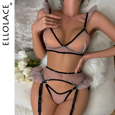 Εσώρουχα βολάν Ellolace Rhinestone Διάφανα εσώρουχα δαντέλα χωρίς λογοκρισία Γυμνές γυναίκες χωρίς λογοκρισία Διαφανές σουτιέν 3 τεμαχίων