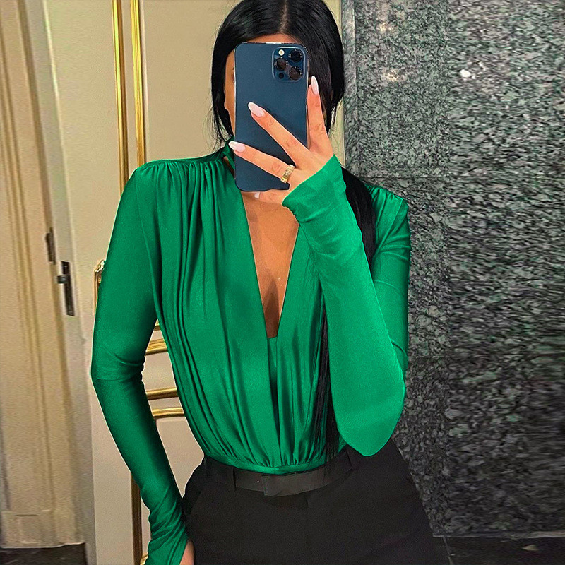 Γυναικείες μπλούζες με κορδόνι σέξι άνοιξη καλοκαίρι 2023 Μονόχρωμο μακρυμάνικο με βαθύ V λαιμόκοψη κορμάκια για πάρτι Casual Basic μπλουζάκια