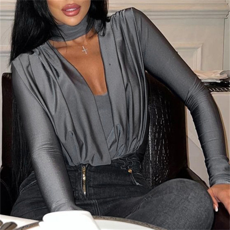 Γυναικείες μπλούζες με κορδόνι σέξι άνοιξη καλοκαίρι 2023 Μονόχρωμο μακρυμάνικο με βαθύ V λαιμόκοψη κορμάκια για πάρτι Casual Basic μπλουζάκια