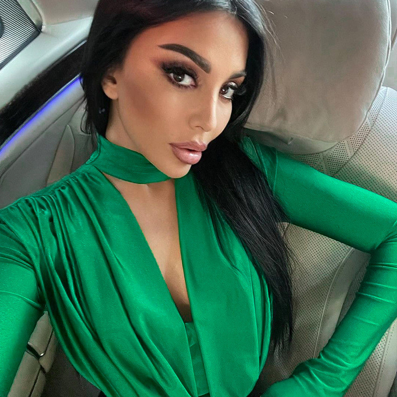 Γυναικείες μπλούζες με κορδόνι σέξι άνοιξη καλοκαίρι 2023 Μονόχρωμο μακρυμάνικο με βαθύ V λαιμόκοψη κορμάκια για πάρτι Casual Basic μπλουζάκια