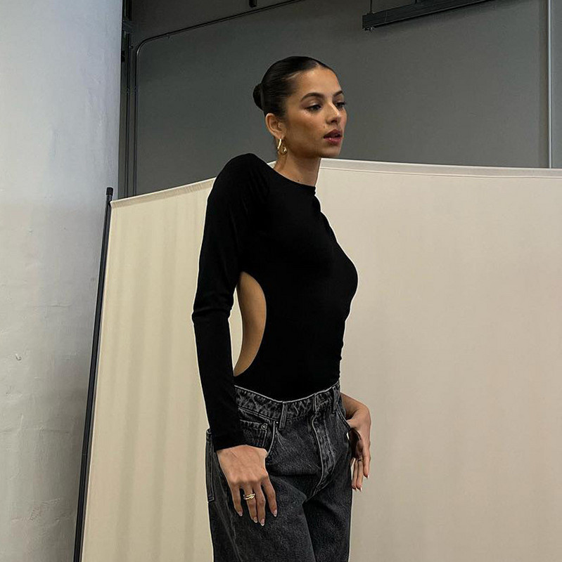 Εξώπλατα μαύρα κορμάκια Γυναικεία Σέξι μακρυμάνικα με έναν ώμο λεπτές μπλούζες Φθινοπωρινή Άνοιξη Street Wear Casual O λαιμόκοψη